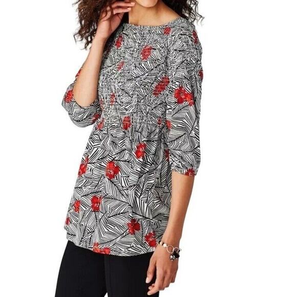J Jill Smocked Top Womens M Black White Red Floral On Off Shoulder Blouse NEW - Picture 1 of 16